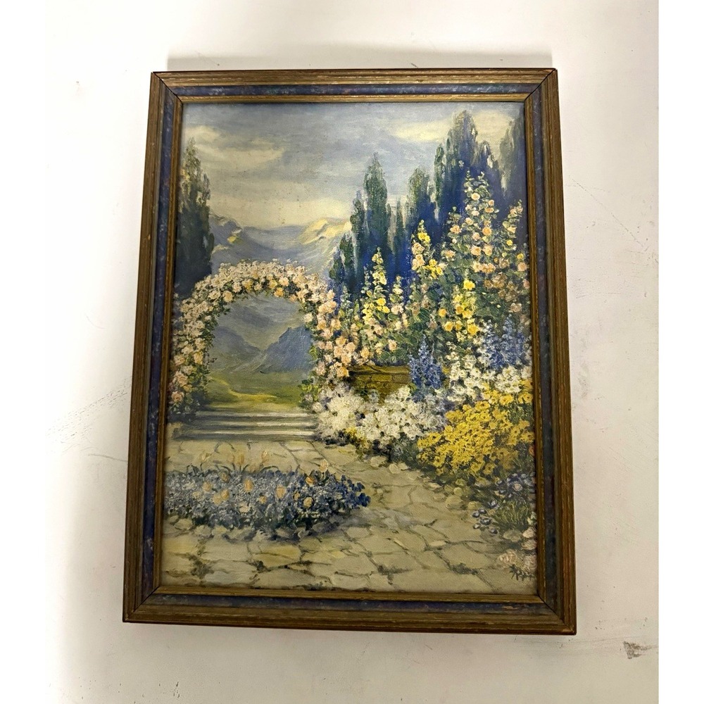 VTG Shabby Chic Victorian Garden Scene Framed Print Flowers Landscape